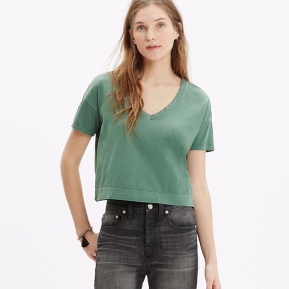 Madewell Tops - Madewell Green Luster Cotton V-Neck Crop Tee